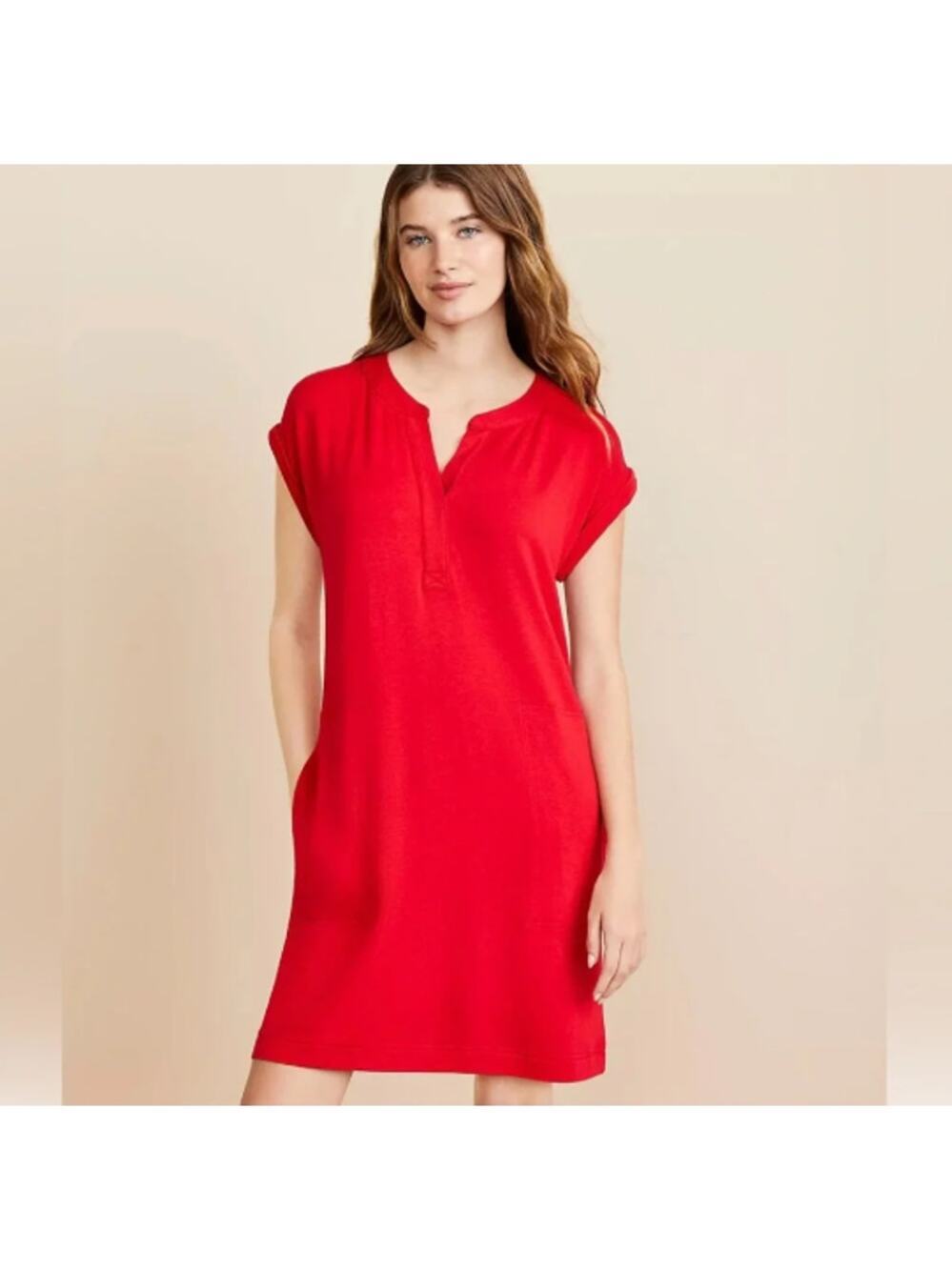 NWOT Lou & Grey Signaturesoft Henley Dress Womens Size Large Tango Red Casual